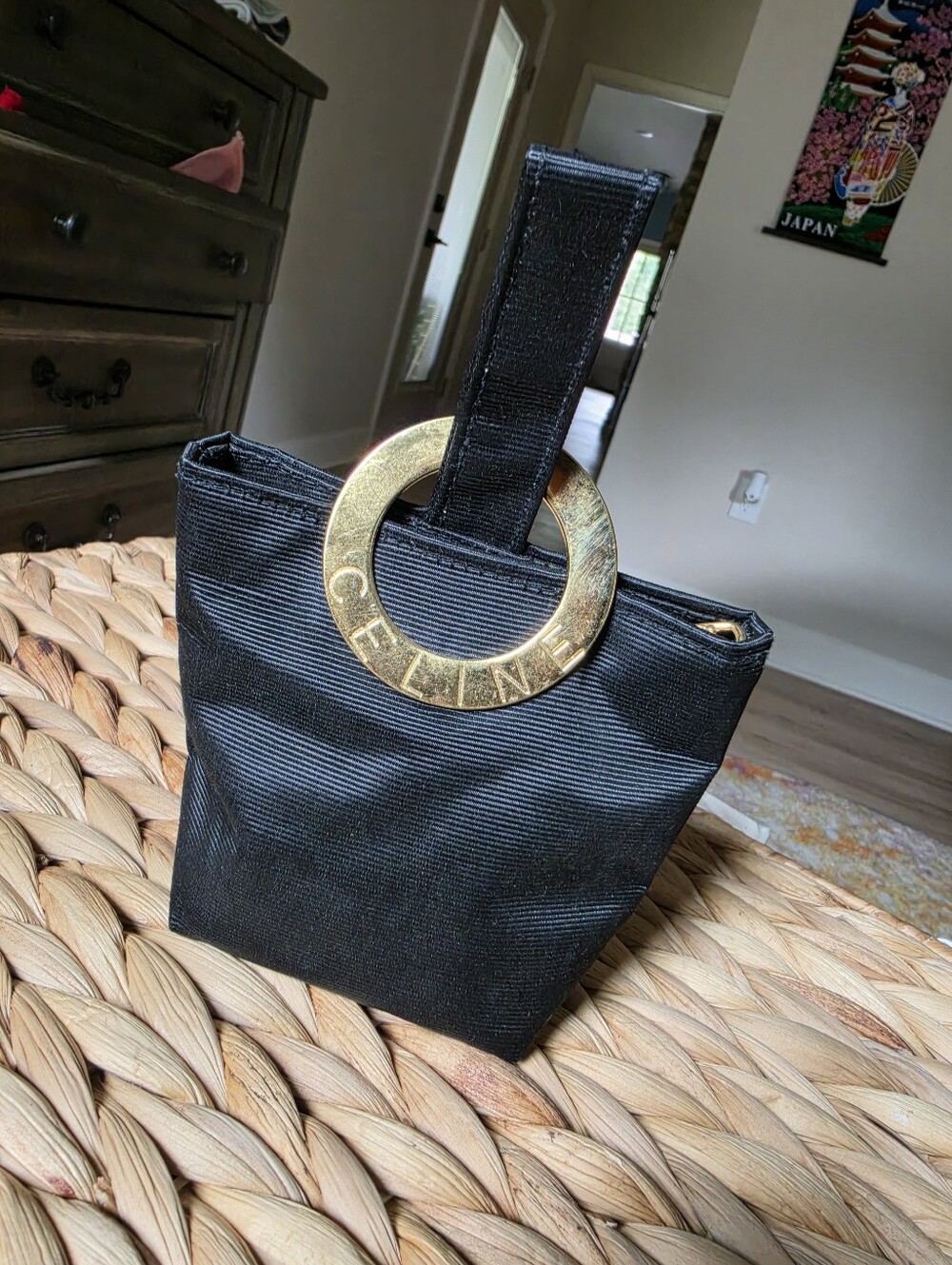 Authentic Celine Black Mini Pouch with Gold Logo Ring Handle